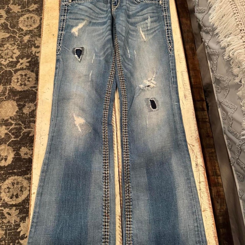 Rock Revival Womens Distressed Bootcut Jeans Medium Wash Fleur De Lis Size 29